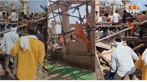 Rescue teams and local authorities conduct urgent operations after the collapse of a Hanuman temple mandap in Yashwadi, Parbhani.
