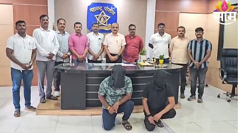 Ahilyanagar Local Crime Branch (LCB) team with the two arrested MCOCA accused, Rohit Bholekar and Dnyaneshwar Tonde, who belong to the notorious Sachin Ghaywal gang.