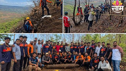 Rescue team retrieving a 400 kg historic cannon from a deep valley at Avchitgad Fort using rope rescue techniques.