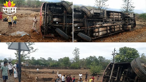 The Vitthalwadi-Taharabad ST bus that overturned near Manivali on the Kalyan-Ahilyanagar Highway after the driver lost control due to speeding