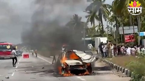 Car engulfed in flames after a massive explosion on Tumakuru highway; boyfriend dies while girlfriend escapes moments before blast.