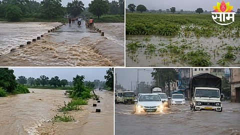 Vehicles navigate through flooded roads after heavy rainfall caused severe waterlogging and disrupted traffic in Maharashtra.
