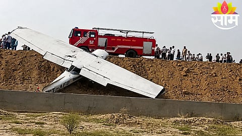 A trainee aircraft seen crashed on an under-construction highway in Kasganj, Uttar Pradesh, triggering panic among locals.