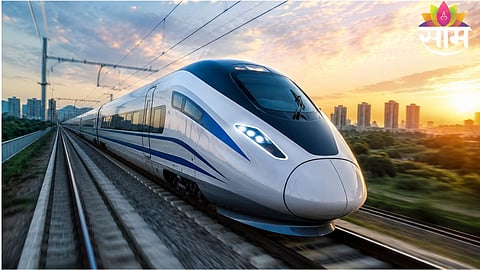 Leaders and officials during a high-level meeting at Vidhan Bhavan to discuss the Nashik–Pune high-speed rail project.
