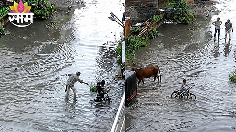 A young man rescues a schoolboy being swept away in floodwater in Parbhani; the dramatic moment was captured on CCTV.