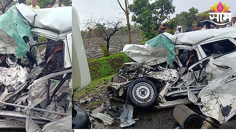 The mangled remains of the car involved in the horrific head-on collision with a tipper truck in Kupta Ghat on the Karanja-Manora road in Washim, which claimed two lives.
