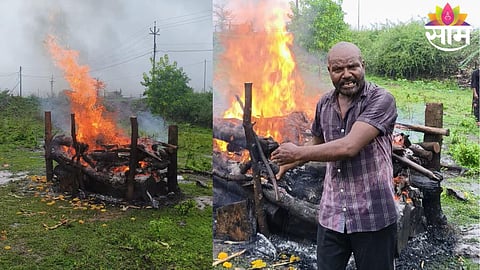 Villagers in Hingoli's Dongarkada village forced to shield and light a funeral pyre using over 30 liters of diesel after heavy rains disrupted the last rites due to the lack of a proper shed at the local crematorium.