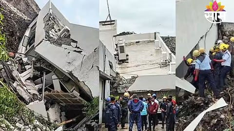 Rescue teams including NDRF personnel conduct intensive operations after a massive garbage landslide buried a building at Moshi dump yard in Pune.