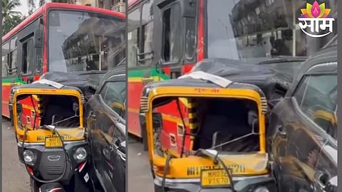 BEST wet lease bus after crashing into multiple vehicles near Andheri Market on SV Road in Mumbai.