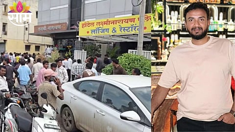 Police investigate the crime scene after a hotel owner was brutally killed in a daylight attack in Shrirampur, Ahmednagar district.