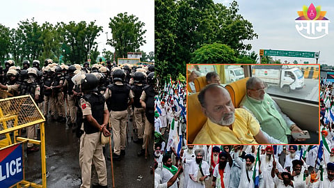 Farmers and leaders being detained by Delhi Police during protest against the proposed India-US trade deal at Rajghat.