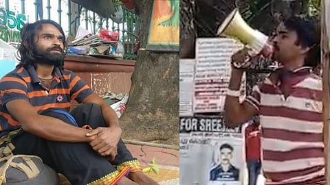 സെക്രട്ടേറിയറ്റിന് മുന്നില്‍ സമരം ചെയ്ത ശ്രീജിത്ത് (ഫയല്‍), മെഗാ ഫോണില്‍ അസഭ്യ വര്‍ഷം നടത്തുന്നു(ഇന്ന്)
