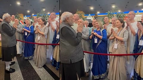 PM Narendra Modi welcomed with 'Krishna Bhajan' upon his arrival at Hotel Korston in Kazan
