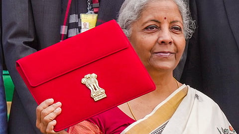 Union Finance Minister Nirmala Sitharaman outside the Finance Ministry ahead of the presentation of the Union Budget 2025-26