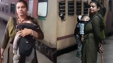 റെയില്‍വേ പ്രൊട്ടക്ഷന്‍ സ്‌പെഷ്യല്‍ ഫോഴ്‌സ് കോണ്‍സ്റ്റബിളായ റീന എന്ന ഉദ്യോഗസ്ഥയാണ് റെയില്‍വേ സ്റ്റേഷനില്‍ കുഞ്ഞിനെയും എടുത്ത് തിരക്ക് നിയന്ത്രിക്കുന്നത്