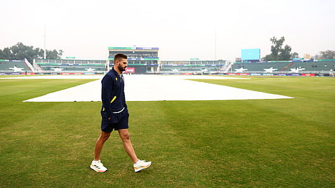 South Africa star Aiden Markram on the rain-soaked Rawalpindi ground during the Champions Trophy 2025 