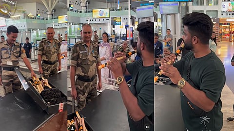 airport staff inspected a traveller’s luggage flute artist Mehboob performing the Bollywood song
