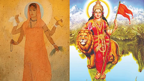 (Left) The first portrait of Bharat Mata painted by Abanindranath Tagore; (right) a later adaptation of Bharat Mata