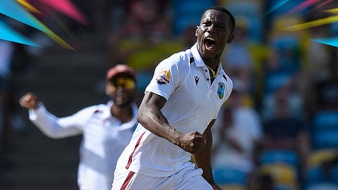 Shamar Joseph celebrates wicket 