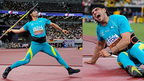 India's Neeraj Chopra reacts in the men's javelin throw final at the World Athletics Championships