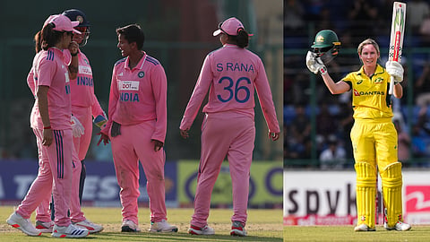 India's Deepti Sharma, right, celebrates with teammates 