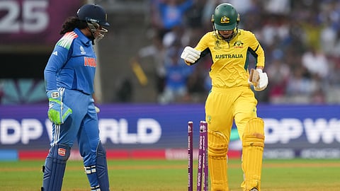 Australia's Phoebe Litchfield after being bowled by Indias Amanjot Kaur 