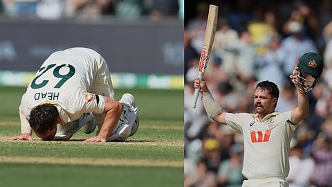 Australia's Travis Head celebrates after scoring century during play on day three of the third Ashes cricket test 