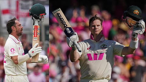 Australia's Travis Head  Steve Smith celebrates century