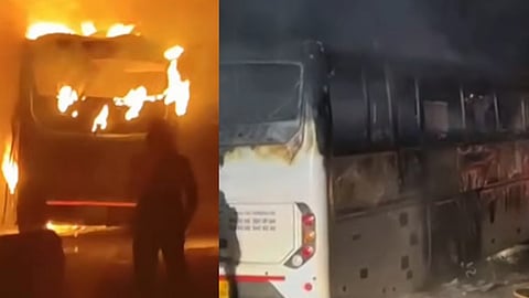 മുണ്ടക്കയത്ത് ടൂറിസ്റ്റ് ബസിന് തീ പിടിച്ചു; മധുരയിൽ നിന്നു കൊച്ചിയിലേക്കുള്ള യാത്രക്കിടെ അപകടം; വൻ ദുരന്തം ഒഴിവായത് തലനാരിഴയ്ക്ക് (വിഡിയോ)