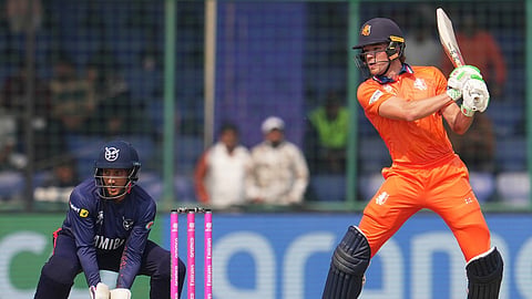 Netherlands' Bas de Leede plays a shot during the T20 World Cup cricket match
