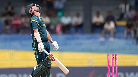 Australia's captain Travis Head reacts after loosing his wicket during the T20 World Cup cricket match