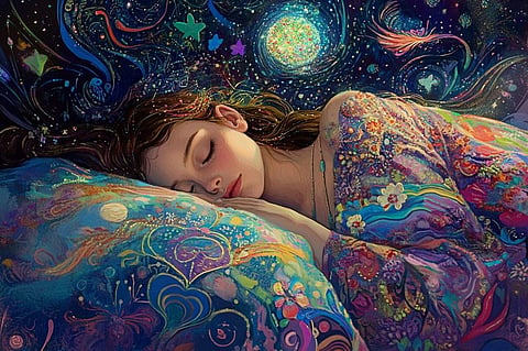 A lady is dreaming while sleeping at night