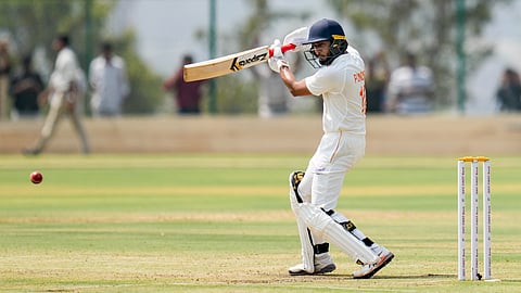 Jammu and Kashmir's Shubham Pundir plays a shot during the first day of the Ranji Trophy 2025-26 final 