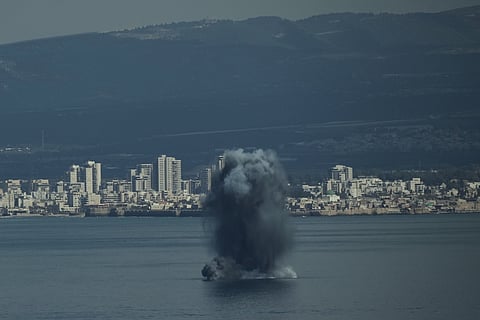 explodes over the water as Israel 