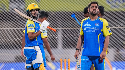 Chennai Super Kings' MS Dhoni, right, and others during a practice session 