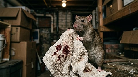  rat holding a towel with blood stains on it