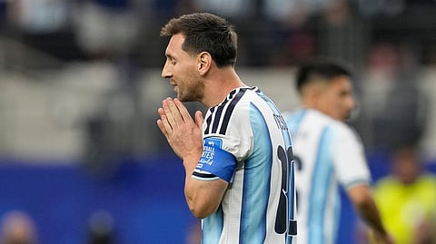 Argentina's Lionel Messi reacts after missing a chance to score from the penalty spot during the World Cup Group J soccer match against Austria 