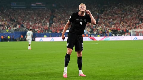 Norway's Erling Haaland (9) celebrates after scoring their third goal during the World Cup Group I soccer match between Norway and Senegal  