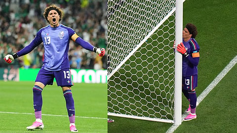 Mexico goalkeeper Guillermo Ochoa (13) celebrates by kissing the goal post after the World Cup Group A soccer match between Czechia and Mexico  