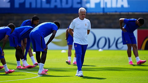 France head coach Didier Deschamps attends a training session ahead of the team's World Cup Group I soccer match