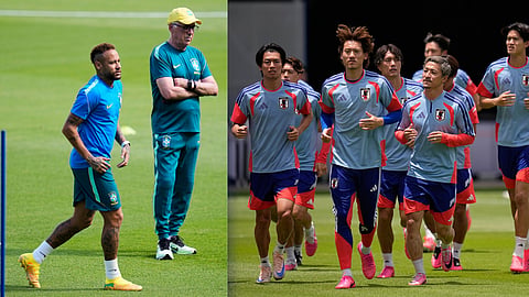Brazil's Neymar, left, works out during a training session in Houston, Member of the Japanese national team work out during a training session 
