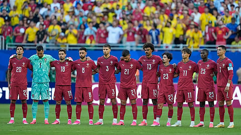 Portugal stand for a moments silence for the victims of the Venezuelan earthquake victims ahead of the World Cup Group K soccer match between Colombia and Portugal in Miami