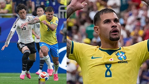 Japan's Daichi Kamada (15) and Brazil's Bruno Guimaraes (8) fight for the ball during the World Cup round of 32 soccer match between Brazil and Japan 