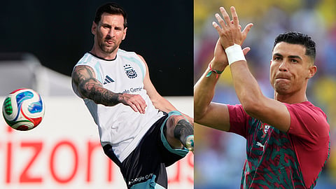 Argentina's Lionel Messi trains for the World Cup soccer tournament Monday, June 29