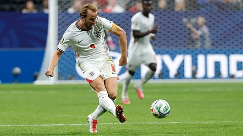 England's Harry Kane kicks the ball during the World Cup round of 32 soccer match against Congo in Atlanta 