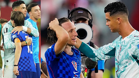 Croatia's Luka Modric (10) and Portugal's Cristiano Ronaldo (7) greet each other after the World Cup round of 32 soccer match between Portugal and Croatia 