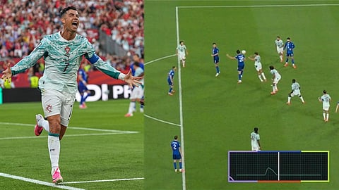 Portugal's Cristiano Ronaldo (7) celebrates after scoring their opening goal during the World Cup round of 32 soccer match between Portugal and Croatia 
