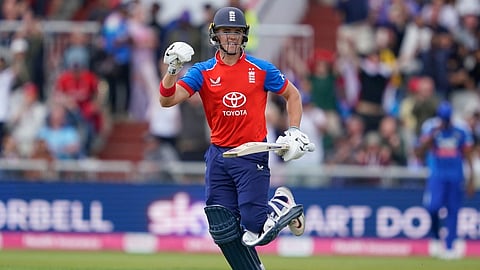 England's Jacob Bethell celebrates after winning the second T20 cricket match between England and India  