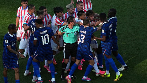 layers of France and Paraguay argue during the World Cup round of 16 soccer match in Philadelphia 