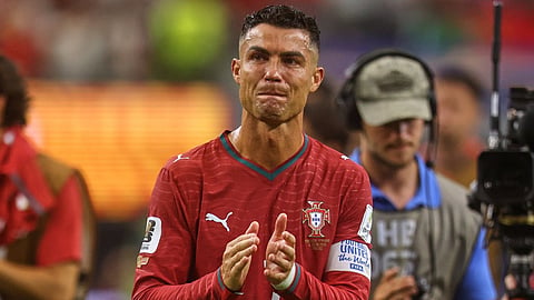 Portugal's Cristiano Ronaldo (7) reacts after the World Cup round of 16 soccer match between Portugal and Spain